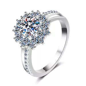 1CT Round Cut Moissanite Flower Ring Positive Diamond Test 14K White Gold Plated - Picture 1 of 10