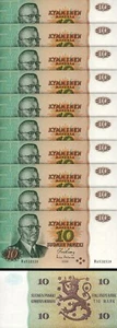 Finland 10 Markkaa 1980, UNC, 10 Pcs LOT, Consecutive, P-111, Prefix R - Picture 1 of 5