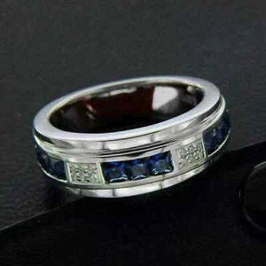 14K White Gold Plated 2 Ct Princess Lab Created Blue Sapphire Men's Wedding Band - Picture 1 of 3