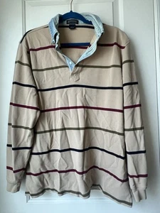 Vintage Lands Ends Rugby Polo Long Sleeve Men' Size Large Beige Denim Collar - Picture 1 of 11