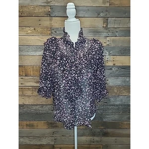 The Shirt by Rochelle Behrens Black Pink Leopard Ruffle Puff Button Shirt L - Picture 1 of 9