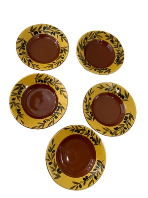 Set of 5 Handpainted Italian Dinner Plates – Olive Leaf Design Yellow & Brown 9" - Image 1 of 4