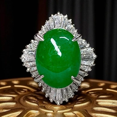Anillo de cóctel bailarina de diamantes baguette de jade cabujón de platino vintage 9,12 ctw Foto 1 de 4