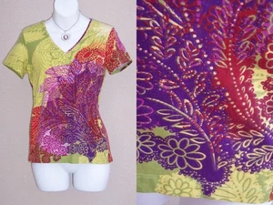Chico's cotton knit top tee shirt size 0 S XS 4 6 multi leaf abstract blouse - Picture 1 of 13