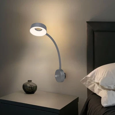 LED Lampada Parete Spot Mobile Metallo Argento Regolatore Direct Spina A Ufficio - Immagine 1 di 4