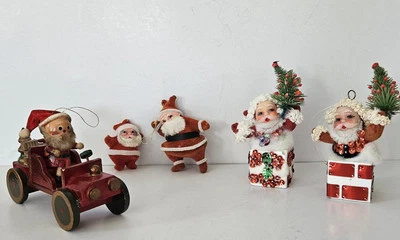 Decoração vintage de enfeites de Natal de feltro e madeira de Papai Noel. Lote de 5 anos 50–60.  - Imagem 1 de 4