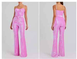 NADINE MERABI Tiffany Sequin Wide Leg Jumpsuit Pink UK 8 New S New RRP$550 - Picture 1 of 24