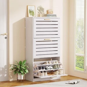 Shoe Cabinet 3 Flip Drawer White Narrow Shoe Organizer Entryway Hidden Shoe Rack - Picture 1 of 15