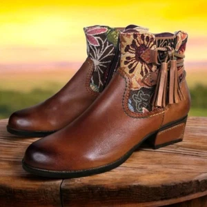L'Artiste Womens Brown Spring Step Leather Floral Tapestry Ankle Booties Sz 7.5 - Picture 1 of 15