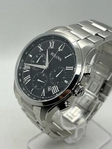 Bulova 96B288 Men's Chronograph Black Dial Silver Bracelet St. Steel Watch 45mm - Picture 1 of 8