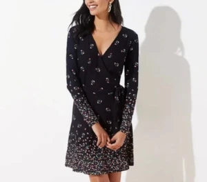 LOFT Wrap dress black ditsy floral printed long sleeve rayon stretch New Medium - Picture 1 of 16