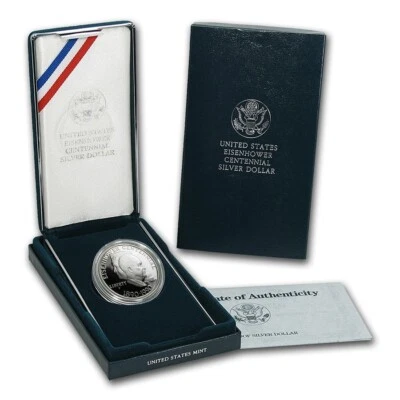 (1) 1990 P US Eisenhower Centennial $1 Proof Silver Dollar Commem Coin w/Box&COA - Image 1 of 3