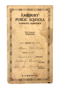 Antiguo boletín de calificaciones de escuelas públicas 1915-1916 Fairbury Nebraska - Imagen 1 de 3