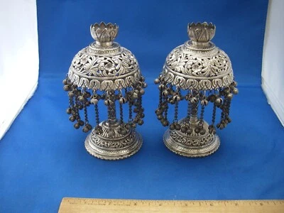 Old PAIR INDIAN Silver PALM / UMBRELLA Shaped CANDLESTICKS-Pierced-Bell Dangles - Image 1 of 4