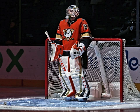 John Gibson Anaheim Ducks Unsigned Orange Alternate Jersey Pregame 16x20 Photo Cover