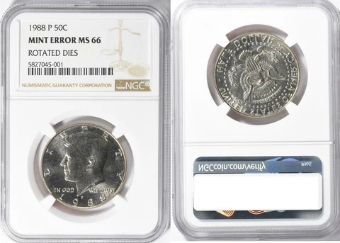 1988-P Rotated Dies Kennedy Half Dollar Error NGC MS66 About 170 Degree Rotation Cover