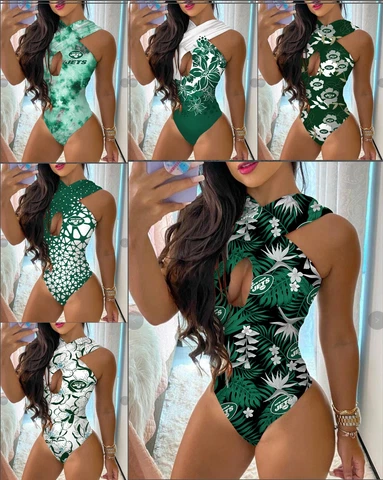 New York Jets Womens One Piece Halter Neck Bathing Suit Front Cutout Swimwear Cover