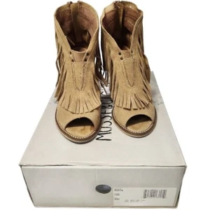 Musse & Cloud Galia Tan Ankle Bootie Open Toe Suede Fringe Cutout Womens Size 6 - Picture 1 of 8