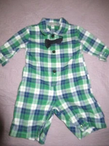 nwot Les Petits Soleils green navy plaid romper with bowtie baby boy 3 m - Picture 1 of 2