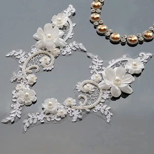 Embroidery Costume Motif 3D Pearls Applique Floral Bridal Dress Lace Trim 1 Pair - Picture 1 of 3