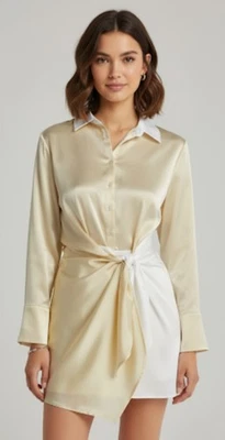 Aqua Satin Two-Tone Tie Front Mini Shirt Dress Feminine Sexy Womens Sz Small NEW - Image 1 of 4