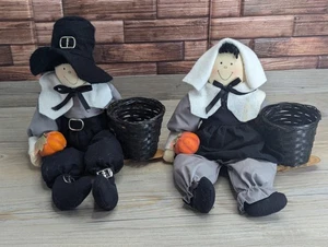 Set of 2 Figure Pilgrim Couple With Baskets Thanksgiving Plush Decoration - Picture 1 of 19