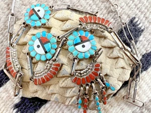 COLLAR CADENA VINTAGE CARA SOLAR + CLIP 23" Zuni turquesa rojo coral esterlina - Imagen 1 de 7