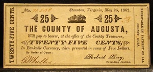 1862 COUNTY OF AUGUSTA VA (STAUNTON) .25 CENTS NOTE-CONFEDERATE-CIVIL WAR - Picture 1 of 2