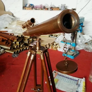 Antique Vintage Brass Telescope 18" w/ Wooden Tripod US Navy Marine Collectible - Picture 1 of 6