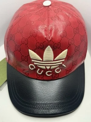 Gucci x Adidas GG LOGO Supreme Baseball Cap Hat Red Black Canvas Size L 59 - Image 1 of 2
