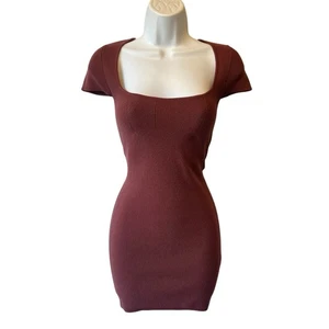 Babaton bodycon mini dress 2XS Dark mauve Ribbed knit Square neck Cap sleeves - Picture 1 of 8