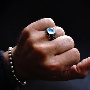 Sterling Silver Aquamarine Mens Ring 5ct natural Gemstone Unique Turkish Jewelry - Picture 1 of 9