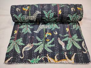 Indian Handmade Tiger Print Kantha Quilt Reversible Bedspread Queen Size Cotton
