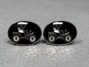 Vintage White and Black Enamel Antique Car Yellow Gold Plated Cuff Links - Picture 1 of 3