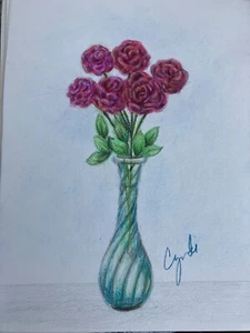 lápices de colores originales dibujo seis rosas en jarrón 9 x 12 - Imagen 1 de 3
