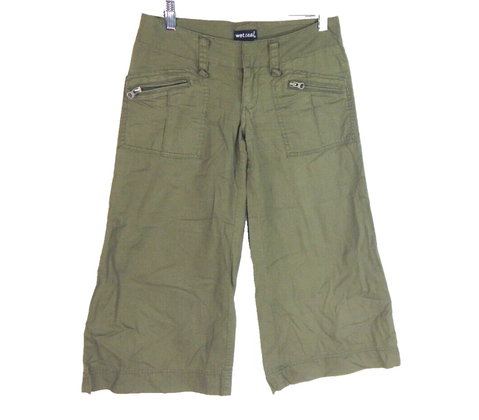 Винтажные штаны-капри Wet Seal Y2K 00 с низкой посадкой широкие штанины универсальные укороченные зеленые - Изображение 1 из 3