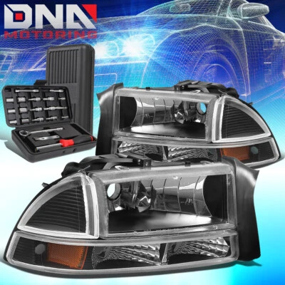 For 1997-2004 Dodge Dakota Durango Euro Black Headlight Amber Bumper Lamp+Tools - Image 1 of 4