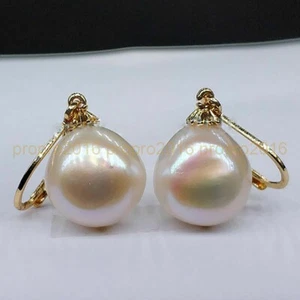 Pendientes de perlas barrocas blancas naturales reales del Mar del Sur oro 14k 12-13 mm - Imagen 1 de 6