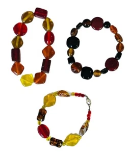 LOT OF 3 RED & YELLOW GLASS ROUND & SQUARE BEADED CHUNKY BRACELETS STRETCH CLASP - Picture 1 of 4
