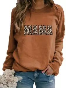 Women Leopard Letter MAMA Print Pullover Sweatshirt Casual Long Sleeve Crew Neck - Picture 1 of 4