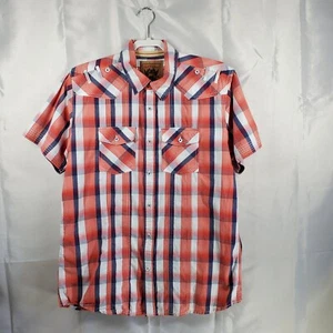 Red Camel Button Up Short Sleeve Plaid Pilot Shirt Salmon Navy White Men Sz L - Picture 1 of 7