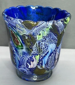 AVEM Murano Tutti Frutti Vase Hand Blown Cobalt Blue Multicolored Glass 4.7" - Picture 1 of 8