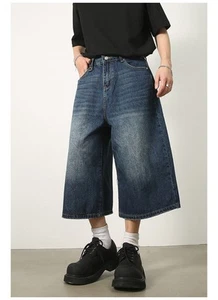 Retro Unisex Wide Leg High Waisted Wash Knee Length Baggy Denim Jeans Shorts New - Picture 1 of 29