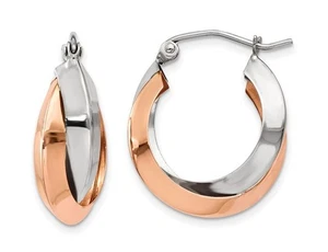 14K Rose Pink and White Gold Polished Hoop Earrings - Picture 1 of 5