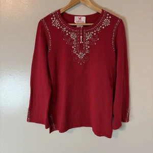 Quacker Factory Sweater Red Beaded Pearl Holiday Long Sleeve Sz Small - Picture 1 of 8