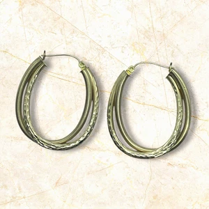 10K Gold Diamantschliff Doppel Creolen Oval Ohrringe Hohlrohr Level Back 3,19g - Bild 1 von 10