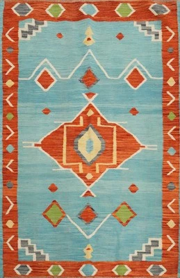 Alfombra tejida a mano Kilim azul/naranja 4x6 tinte vegetal alfombra geométrica del suroeste Foto 1 de 4