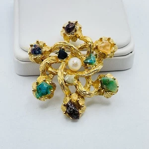 Vtg. BSK Gold Tone Multicolored Stones Pin Brooch - Picture 1 of 6