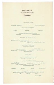 Menú de cena Waumbek Hotel Jefferson N.H. 21 de julio de 1902 - Imagen 1 de 1