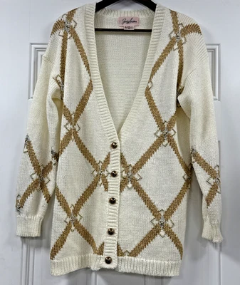 Vintage Holiday Sweater Cardigan Jaclyn Smith Gold Silver Diamond Knit Women S - Image 1 of 4